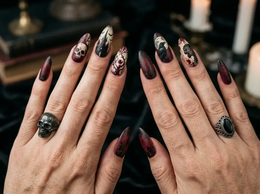 20 Spooky Nail Designs for Halloween 2026: Creepy, Dark & Haunting Ideas 20 vintage horror inspired Halloween nails with distressed black and deep red details