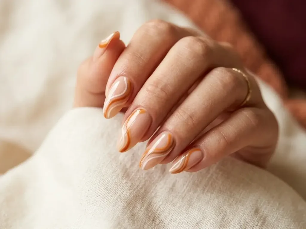 15 Trendy Fall Nail Designs You Need to Try in 2026 (Classy & Cozy Inspo) 10 Almond nails featuring abstract swirl lines in pumpkin orange caramel and white cream