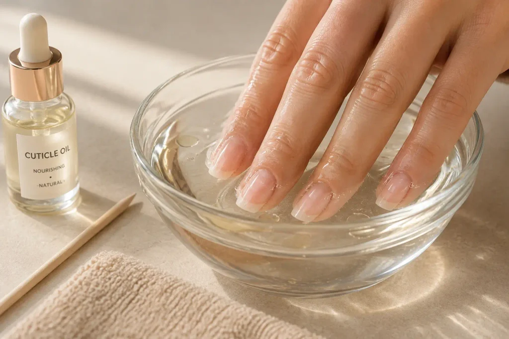 How to Remove Press-On Nails Without Damaging Your Natural Nails 1 Fingertips soaking in warm water and oil to remove press-on nails
