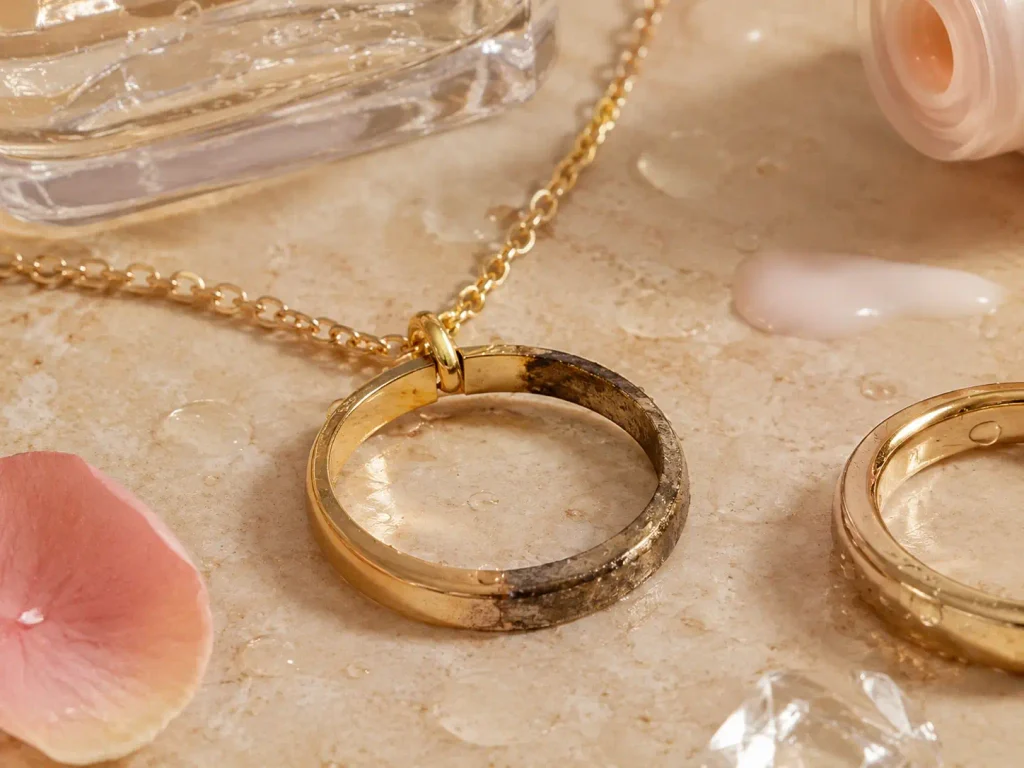Gold-plated jewelry showing worn plating and signs of tarnishing