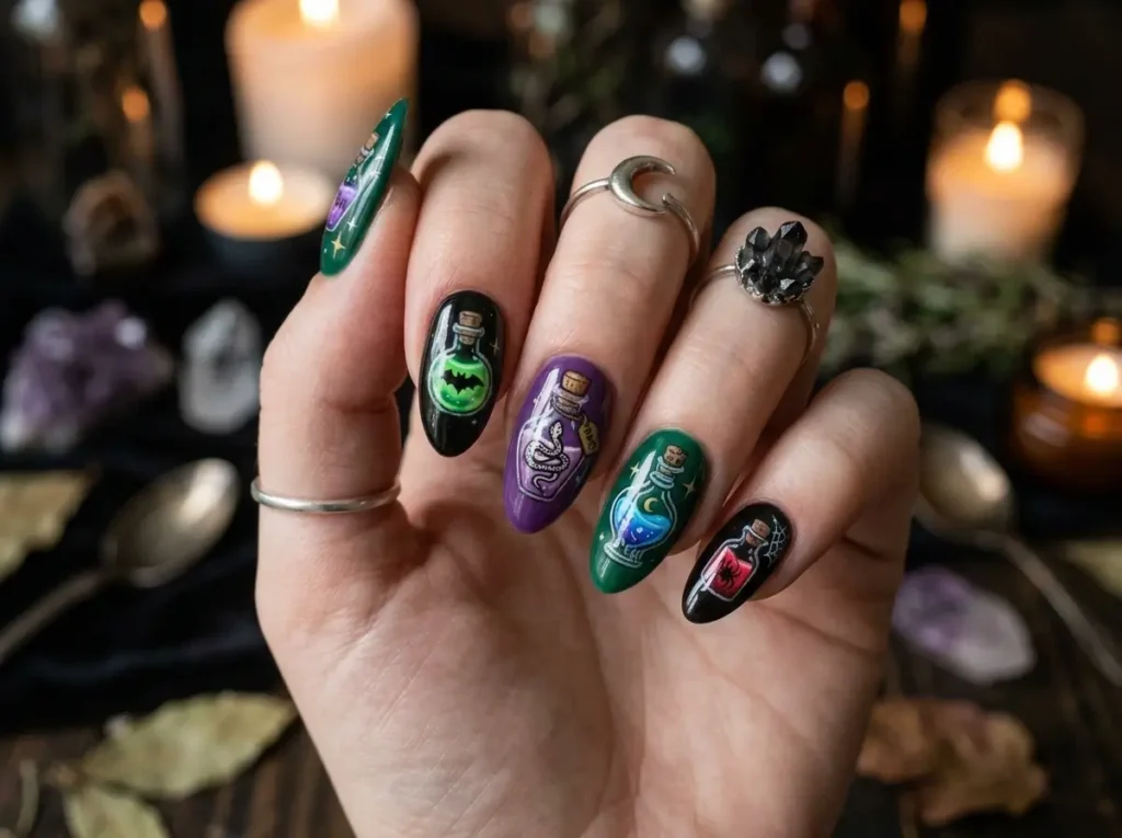 20 Spooky Nail Designs for Halloween 2026: Creepy, Dark & Haunting Ideas 15 witchy Halloween nails with miniature green and purple potion bottle designs