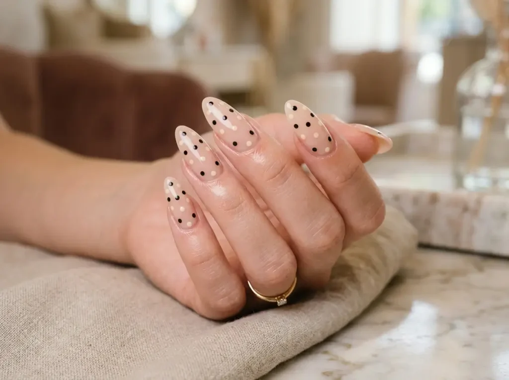 almond shaped nails with polka dot design