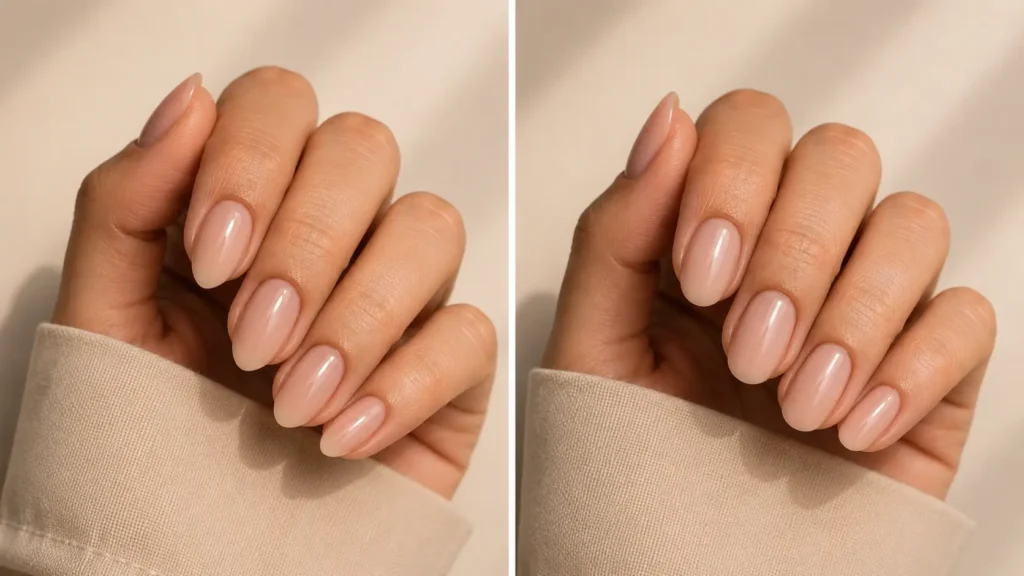 Side-by-side comparison of short almond nails and oval nails.