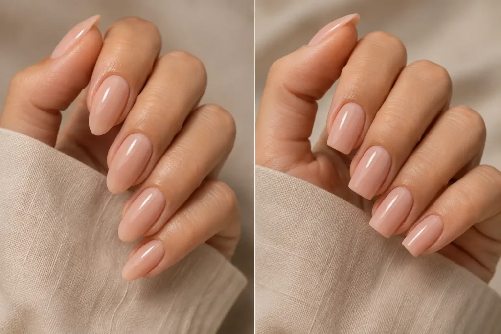 Comparison between short almond nails and short square nails.