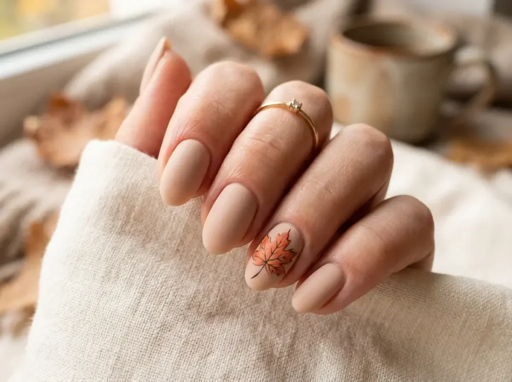 15 Trendy Fall Nail Designs You Need to Try in 2026 (Classy & Cozy Inspo) 3 Natural oval nude nails with a delicate hand painted orange maple leaf on the accent nail