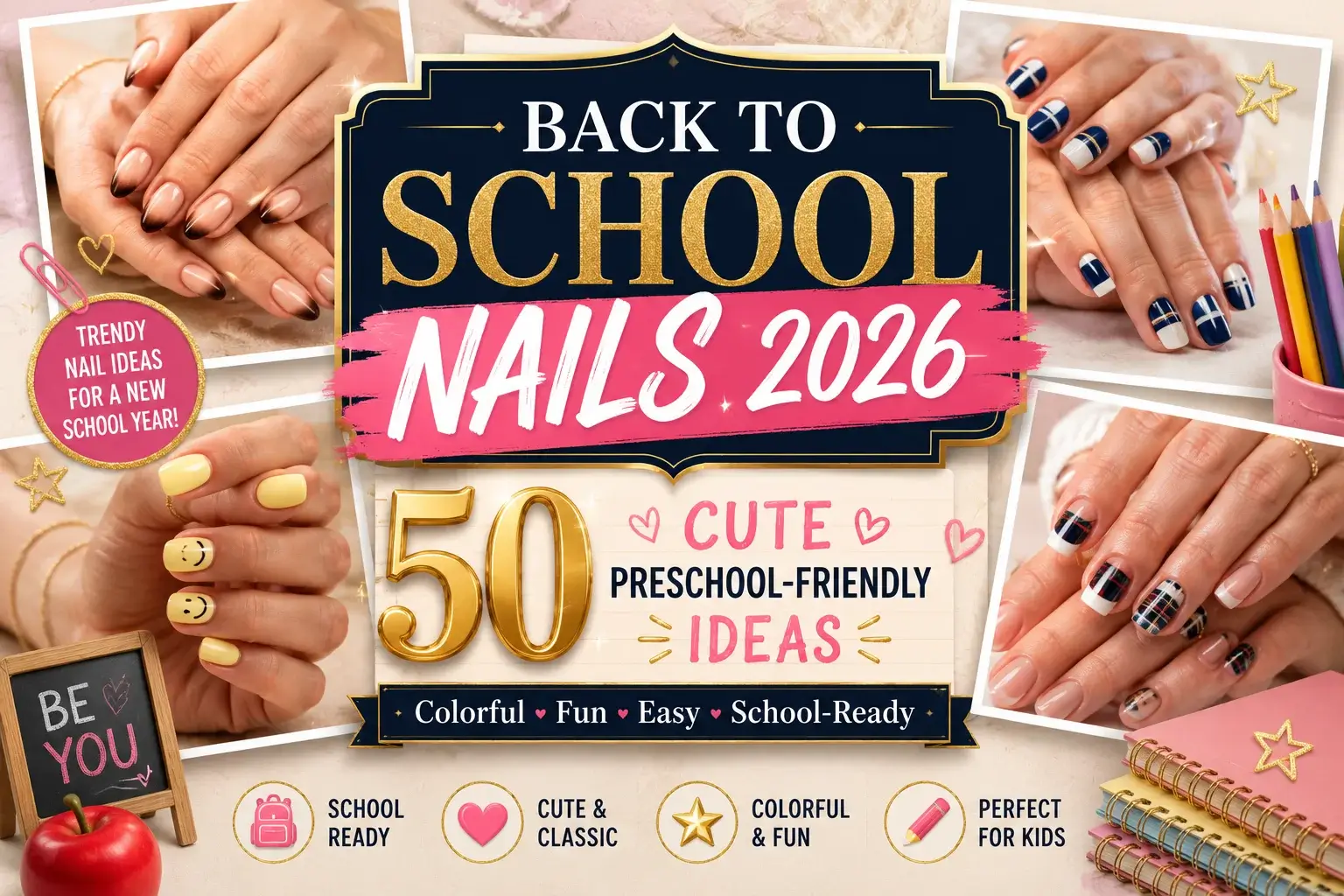 Home 19 Cute back to school nails for 2026 with a preppy school-inspired manicure