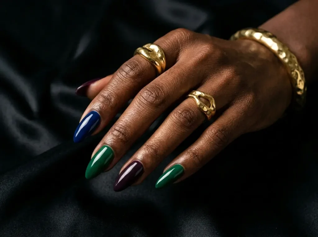 Best Nail Colors for Every Skin Tone (2026 Guide) 7 Cobalt blue and emerald nail colors on deep skin