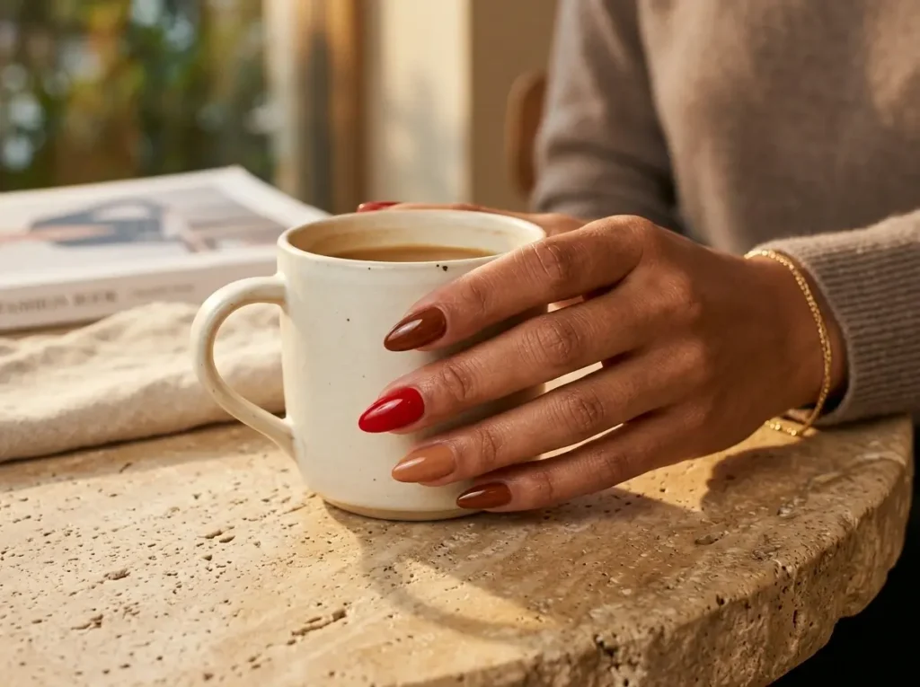 Best Nail Colors for Every Skin Tone (2026 Guide) 4 Caramel nude and warm red nail colors for medium skin