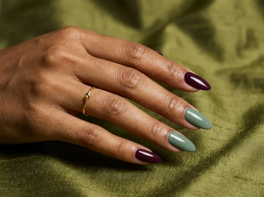 Best Nail Colors for Every Skin Tone (2026 Guide) 5 Plum and muted sage nail colors on olive skin