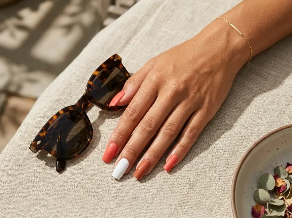 Best Nail Colors for Every Skin Tone (2026 Guide) 6 Coral and terracotta nail colors on tan skin