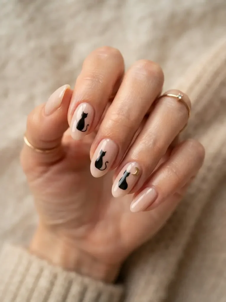 Halloween Nails 2026: 30+ Cute, Classy & Spooky Designs 4 cute black cat charm Halloween nails