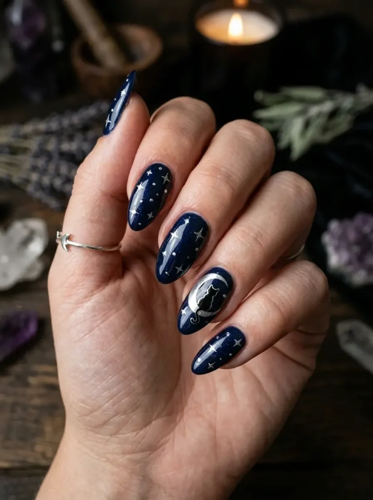 Halloween Nails 2026: 30+ Cute, Classy & Spooky Designs 28 black cat and moon spooky Halloween nails