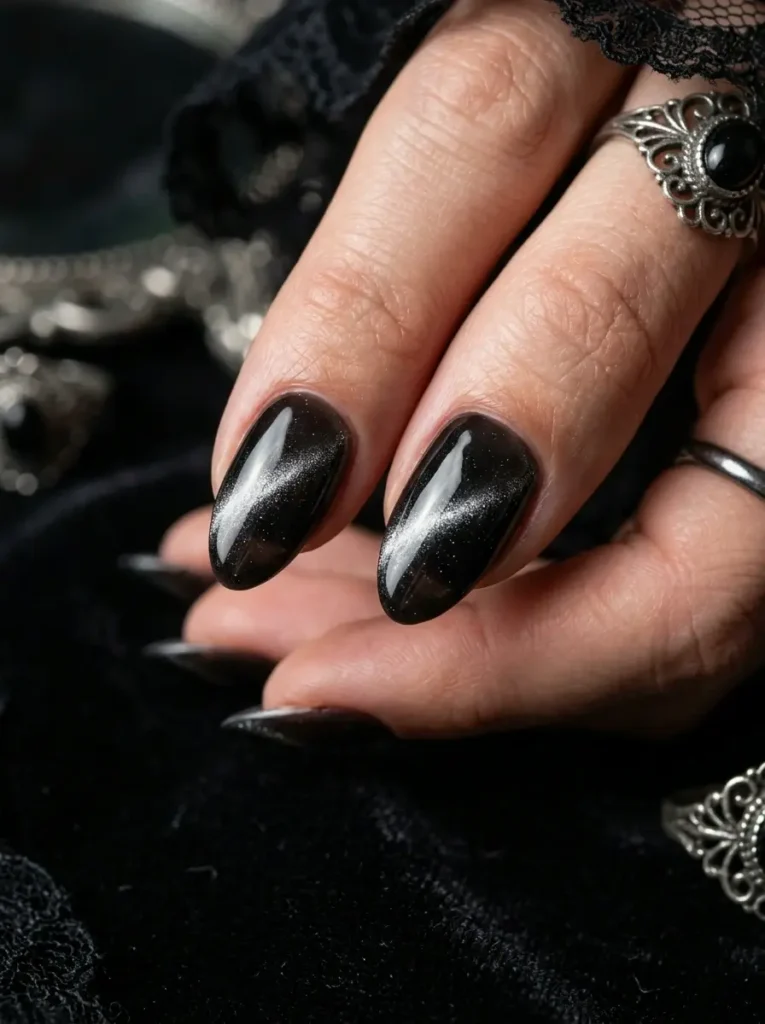 Halloween Nails 2026: 30+ Cute, Classy & Spooky Designs 18 classy black cat-eye chrome Halloween nails