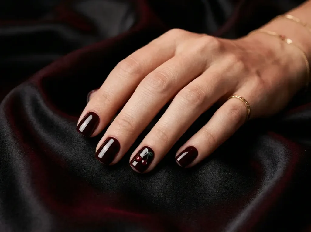 Best Cherry Nail Art: 20 Cute & Classy Designs to Try in 2026 10 Deep black cherry glossy nails with subtle cherry accents