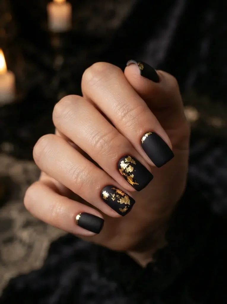 Halloween Nails 2026: 30+ Cute, Classy & Spooky Designs 15 black and gold leaf classy Halloween nails