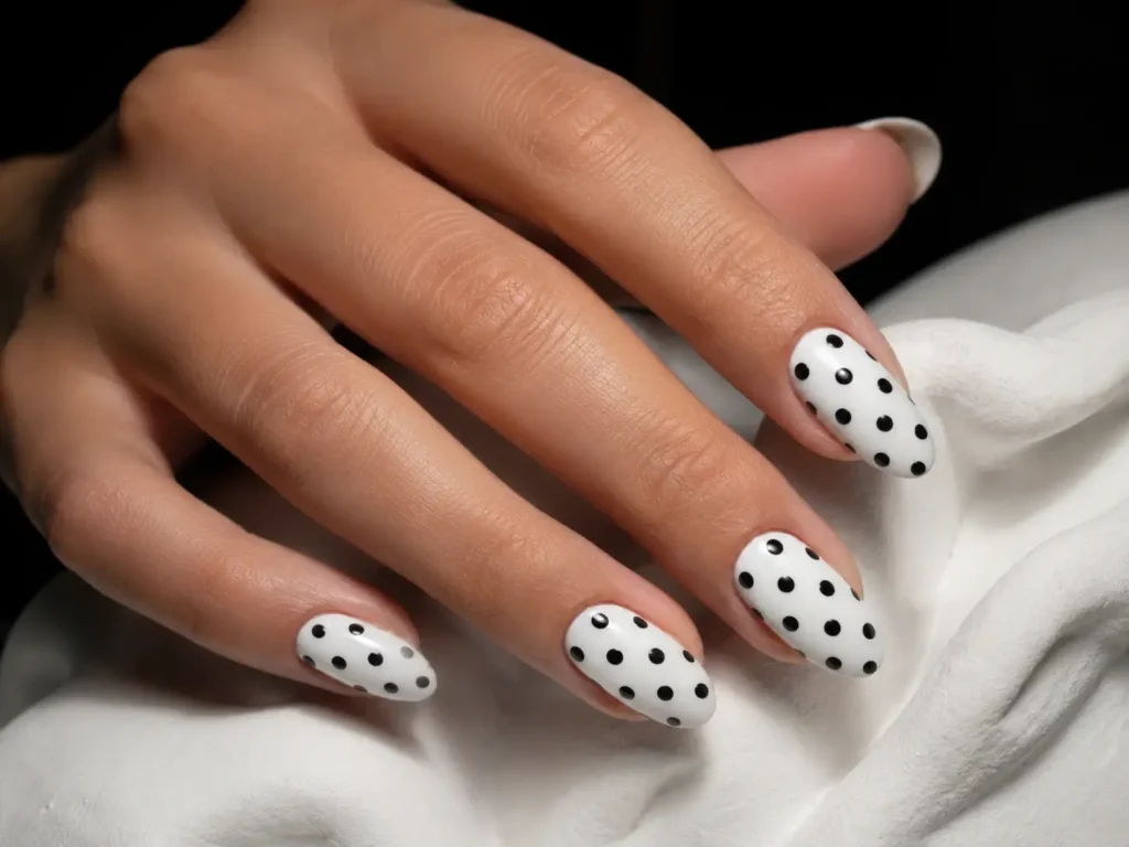 classic black and white polka dot nail design