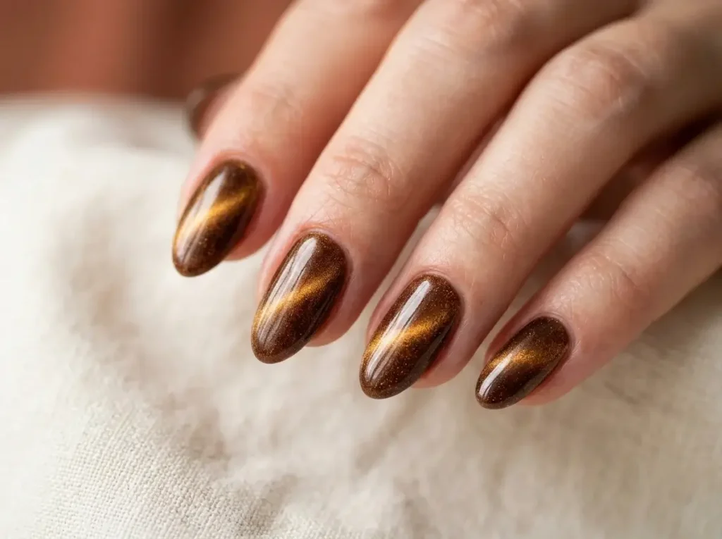 15 Trendy Fall Nail Designs You Need to Try in 2026 (Classy & Cozy Inspo) 15 Short almond nails featuring bronze amber velvet cat eye magnetic shimmer polish