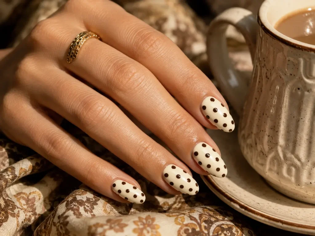 brown and cream retro polka dot nail design