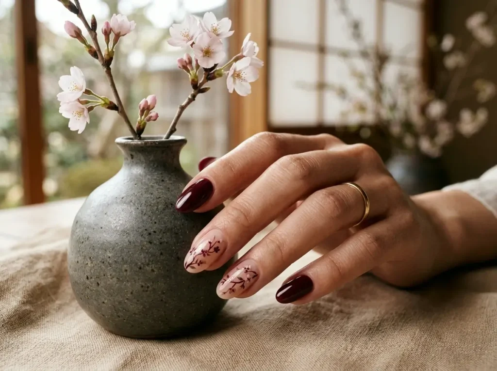 Burgundy Nail Designs: 18 Classy Ideas for Every Nail Shape (2026) 11 burgundy cherry blossom nail design with delicate branch details