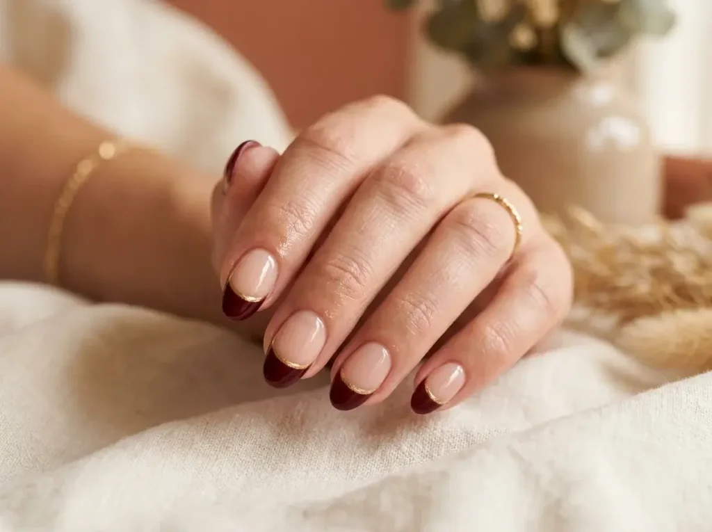 15 Trendy Fall Nail Designs You Need to Try in 2026 (Classy & Cozy Inspo) 2 Deep burgundy French tip almond nails with a thin gold chrome line over sheer nude polish
