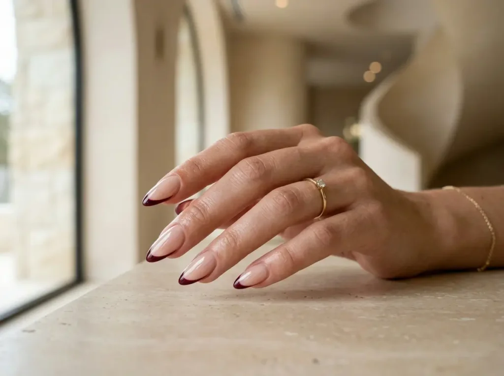 Burgundy Nail Designs: 18 Classy Ideas for Every Nail Shape (2026) 4 burgundy French tip nails on a sheer nude base