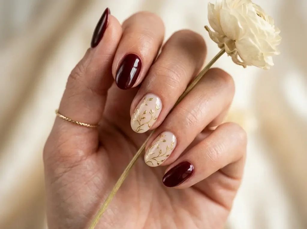 Burgundy Nail Designs: 18 Classy Ideas for Every Nail Shape (2026) 8 burgundy nails with delicate gold floral line art