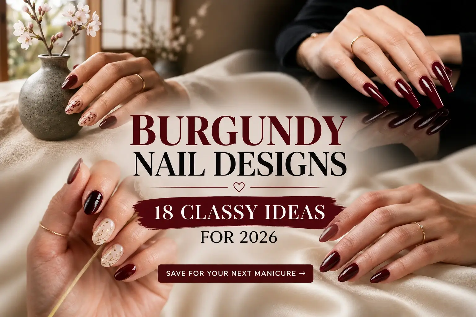 Home 9 classy burgundy nail designs with French tips, gold accents and floral details
