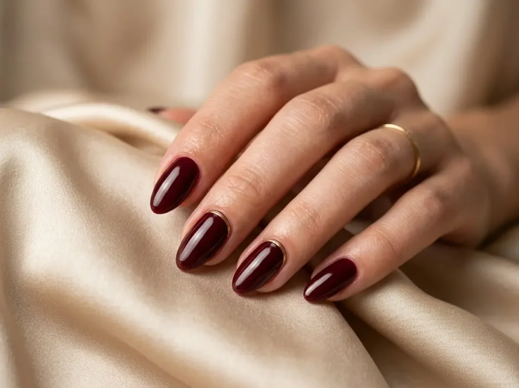 Burgundy Nail Designs: 18 Classy Ideas for Every Nail Shape (2026) 3 burgundy nails with delicate gold line accent