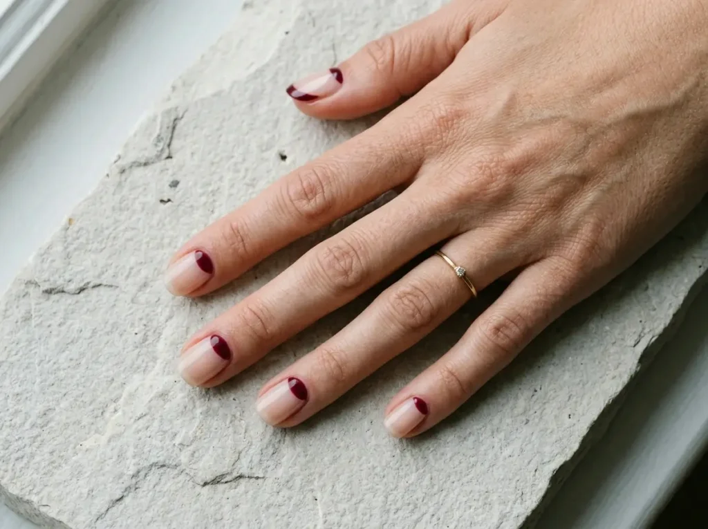Burgundy Nail Designs: 18 Classy Ideas for Every Nail Shape (2026) 5 burgundy reverse French nail design with sheer tips