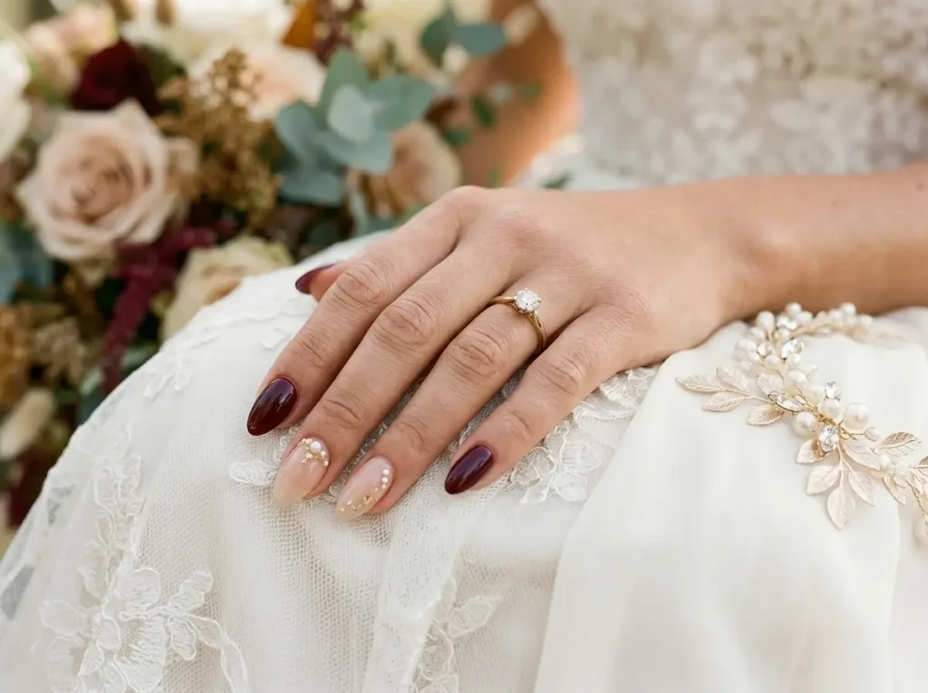 Burgundy Nail Designs: 18 Classy Ideas for Every Nail Shape (2026) 17 burgundy wedding nails with gold and pearl accents