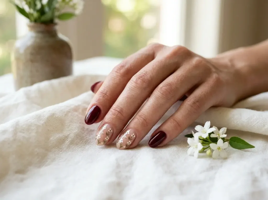 Burgundy Nail Designs: 18 Classy Ideas for Every Nail Shape (2026) 10 burgundy nails with delicate white floral accent nail art