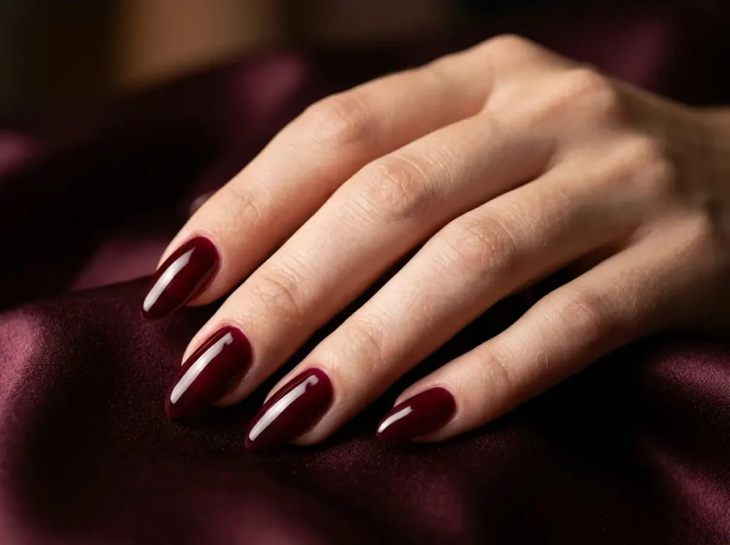 September Nail Ideas 2026: 15 Pretty Designs for the Summer-to-Fall Transition 2 glossy burgundy wine September nails on almond-shaped nails