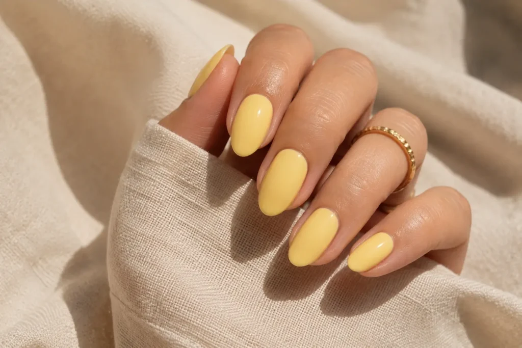 Short almond nails painted in creamy butter yellow polish.