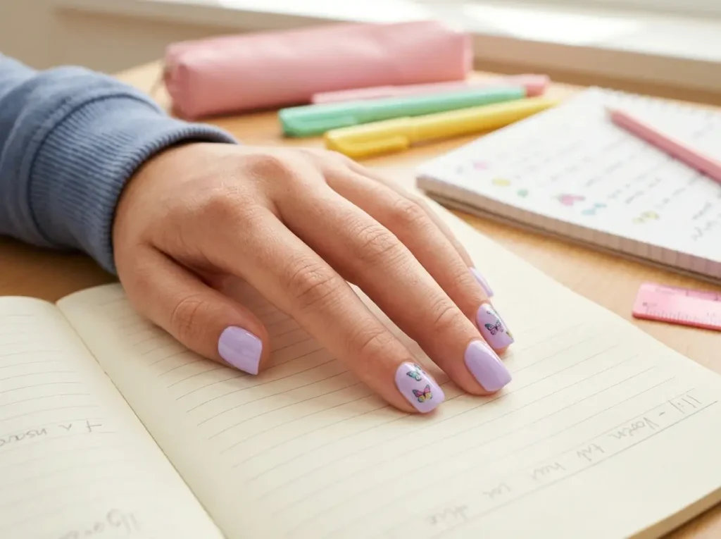 Back to School Nails for Kids: 15 Cute, Simple & Age-Appropriate Ideas 14 butterfly sticker nails tweens