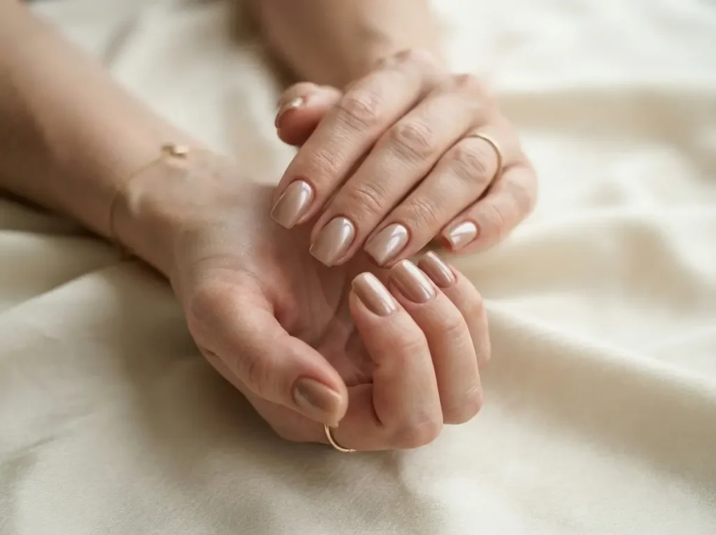 Back to School Nails 2026: 15 Cute & School-Friendly Ideas 7 Warm café-au-lait chrome nails with a soft quiet-luxury finish.