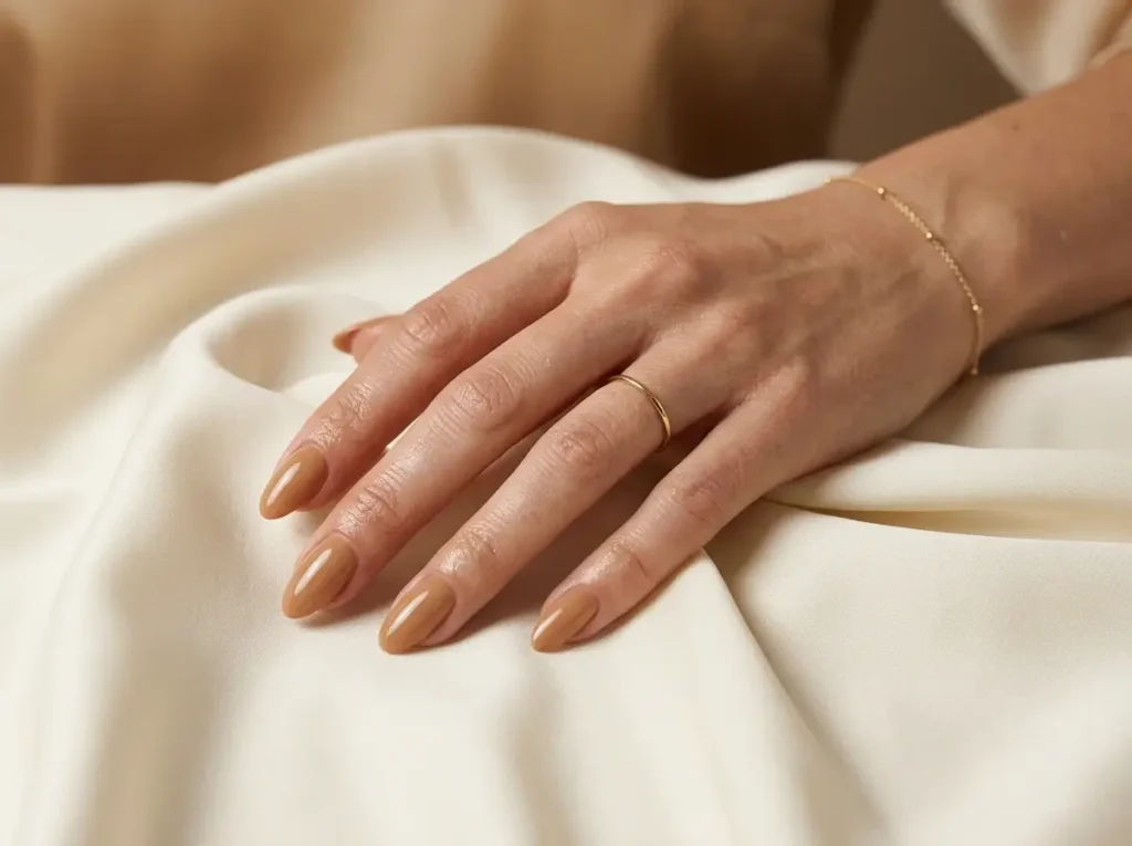 September Nail Ideas 2026: 15 Pretty Designs for the Summer-to-Fall Transition 4 warm caramel beige September nails on almond nails