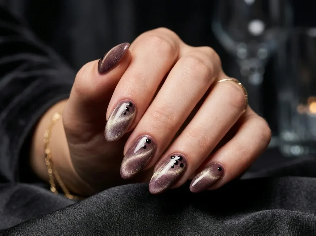 velvet cat eye nails with polka dot accents