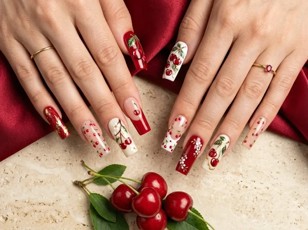 Best Cherry Nail Art: 20 Cute & Classy Designs to Try in 2026 15 Long cherry acrylic nails with detailed red cherry designs