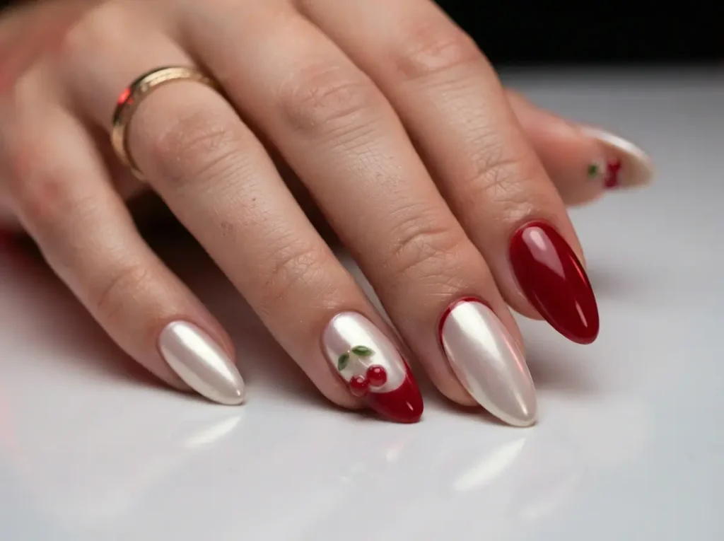 Best Cherry Nail Art: 20 Cute & Classy Designs to Try in 2026 20 Chrome nails with cherry red accents and modern cherry nail art