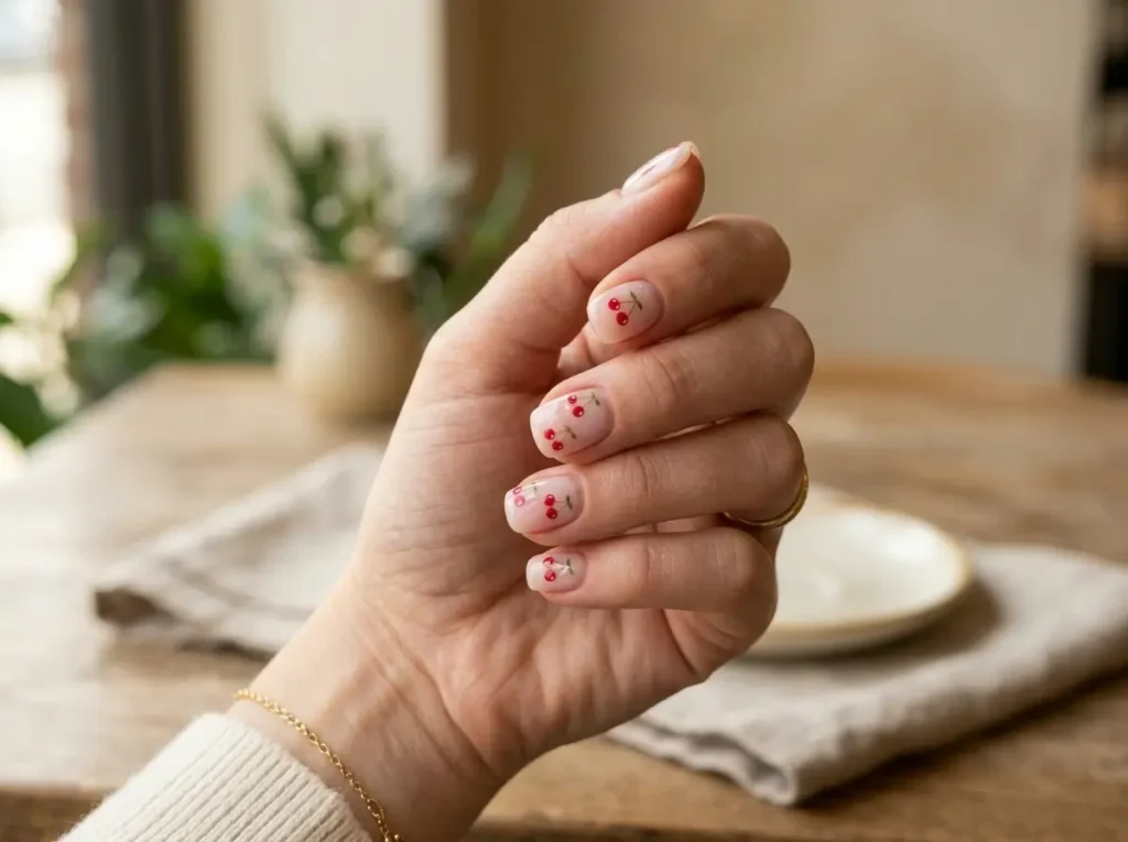 Best Cherry Nail Art: 20 Cute & Classy Designs to Try in 2026 6 Cherry nail sticker design on milky pink nails