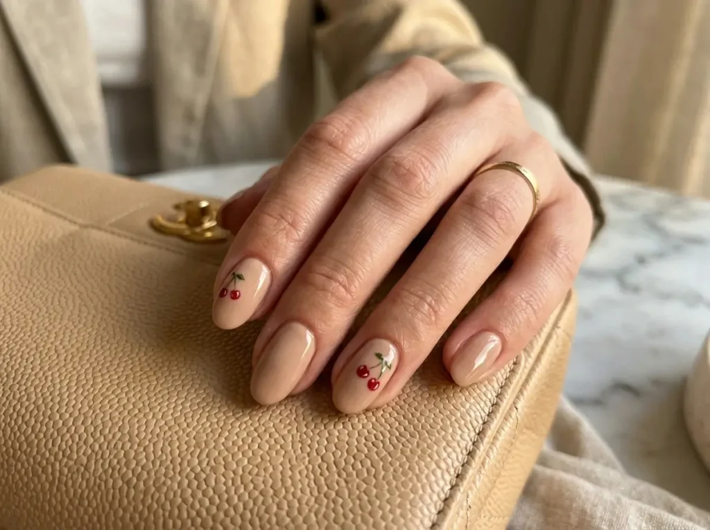 Best Cherry Nail Art: 20 Cute & Classy Designs to Try in 2026 19 Minimal nude nails with delicate cherry accents