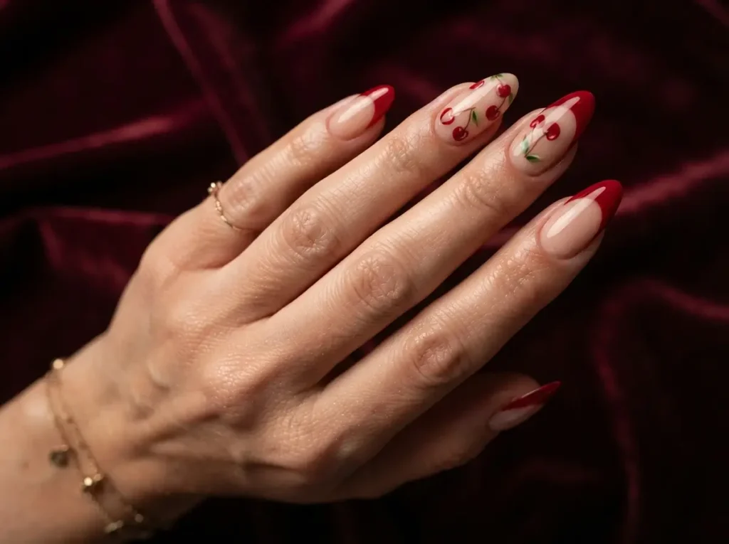 Best Cherry Nail Art: 20 Cute & Classy Designs to Try in 2026 9 Glossy cherry red French tip nails with cherry accents