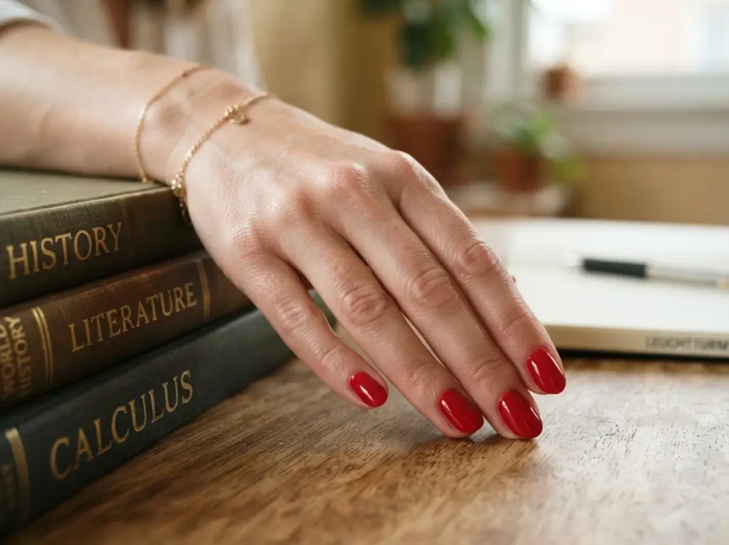 Back to School Nails 2026: 15 Cute & School-Friendly Ideas 5 Short almond nails painted glossy cherry red for a bold back-to-school look.
