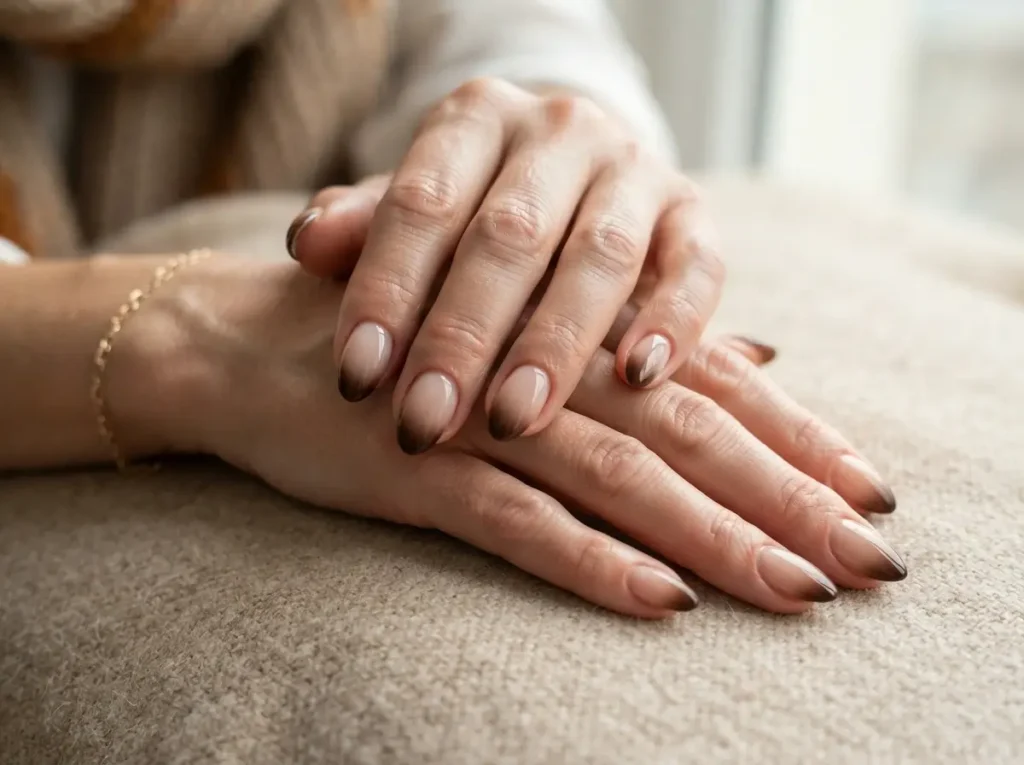 Back to School Nails 2026: 15 Cute & School-Friendly Ideas 3 Milky nude nails fading into chocolate brown tips for a fall back-to-school manicure.
