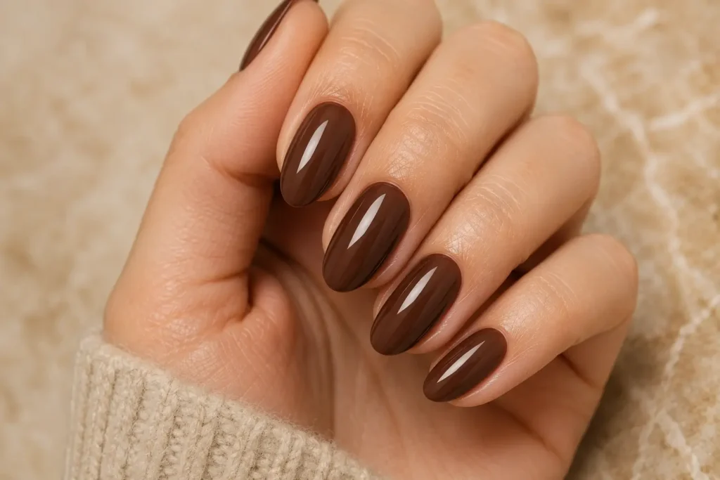 Elegant chocolate brown polish on short almond nails.