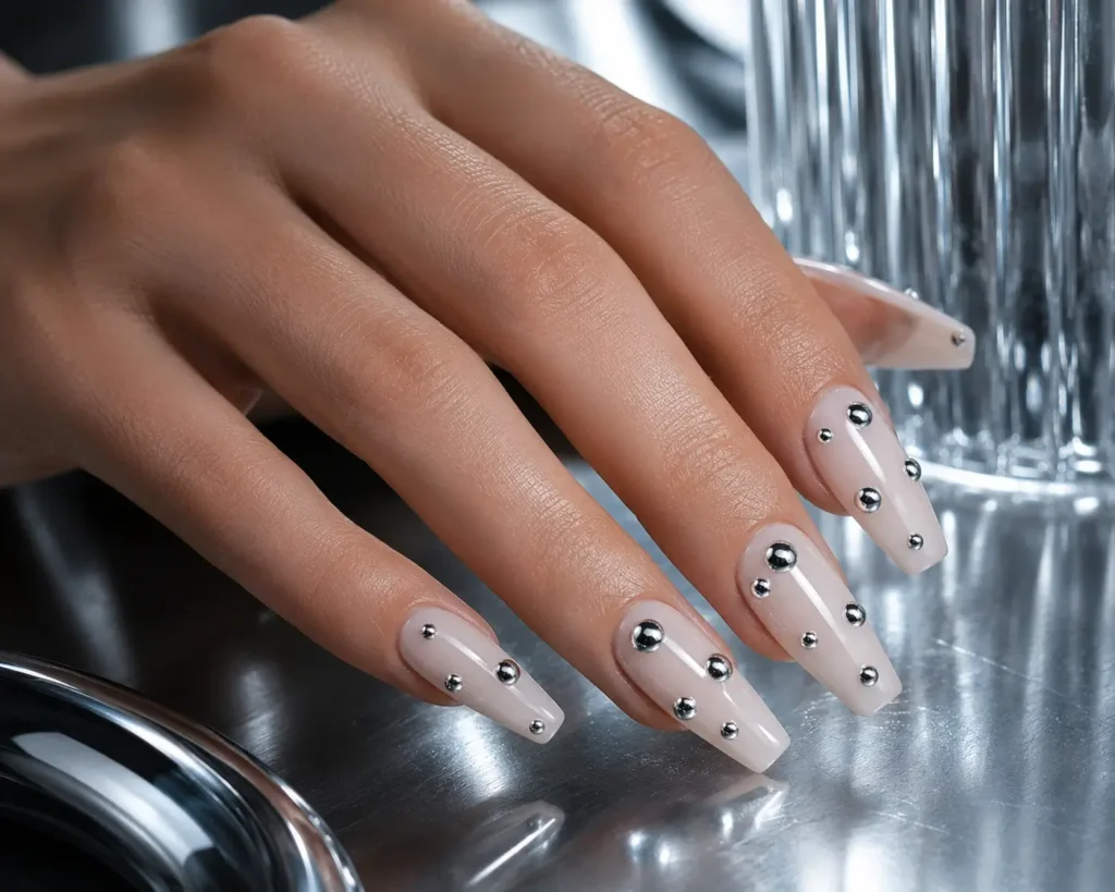 silver chrome dots on nude polka dot nails