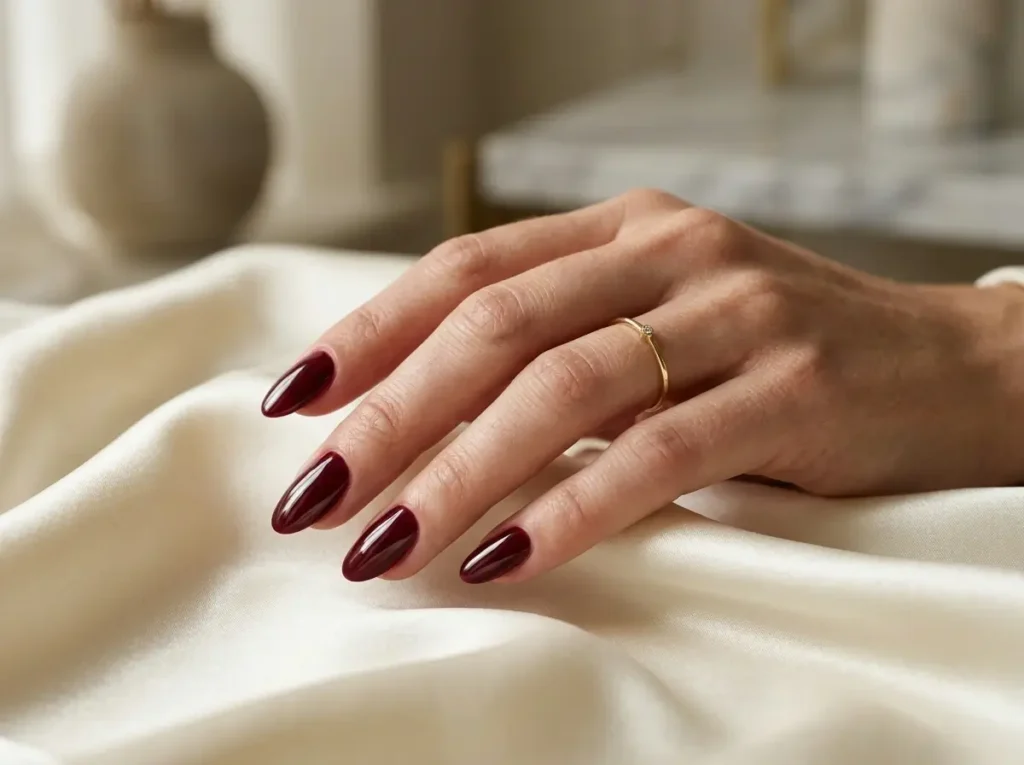 Burgundy Nail Designs: 18 Classy Ideas for Every Nail Shape (2026) 1 classic glossy burgundy nail design on almond nails