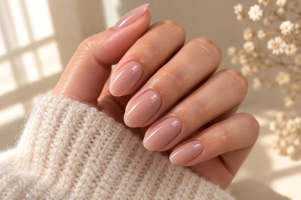 Classic glossy nude short almond nails on natural nails.