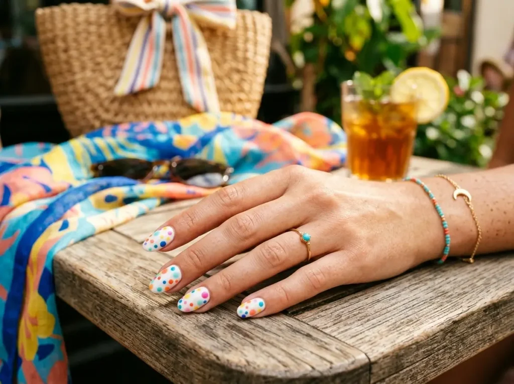 colorful multicolor polka dot nail design