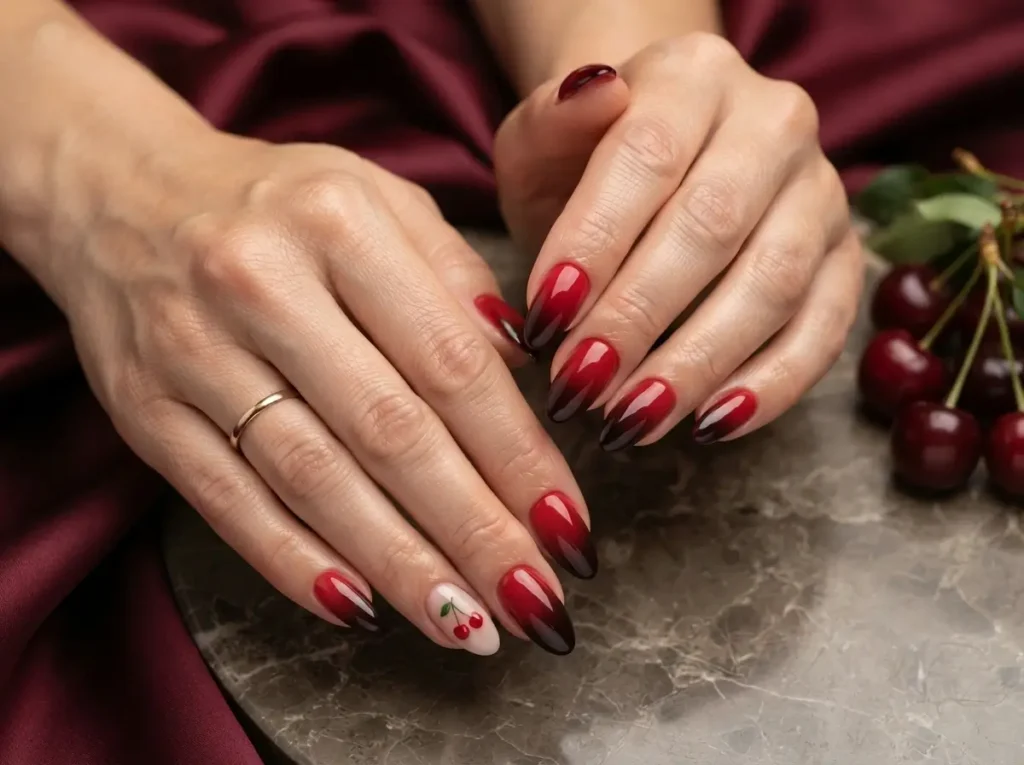 Best Cherry Nail Art: 20 Cute & Classy Designs to Try in 2026 11 Dark cherry red ombré nails on almond-shaped nails